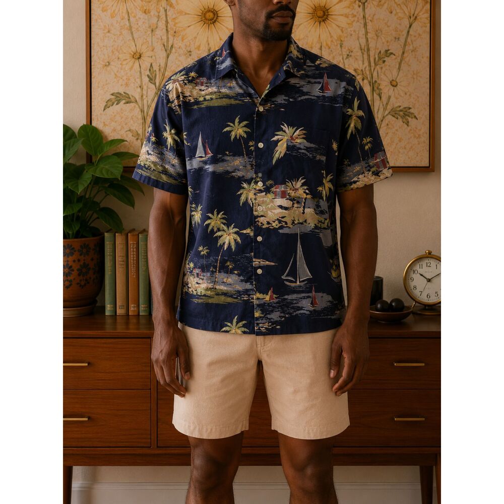 Old Navy Mens Tropical Sailboat Hawaiian Aloha Shirt XXL Navy Retro Resort